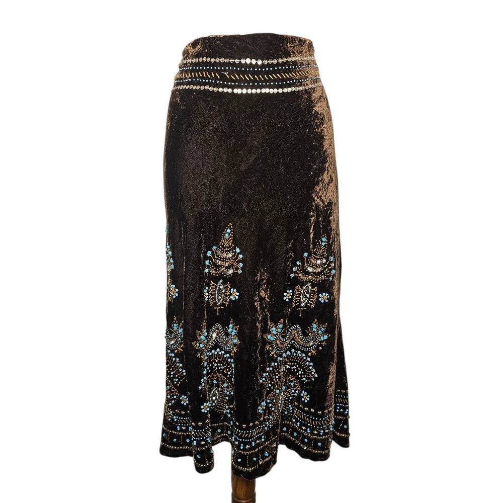 90s Vintage Bohemian Gypsy Skirt Velvet Brown Beaded Midi Festival Whimsigoth 12